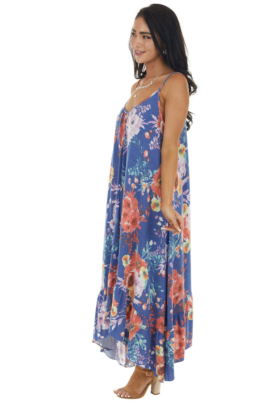 Sapphire Floral Sleeveless Maxi Dress with Rounded V Neck 