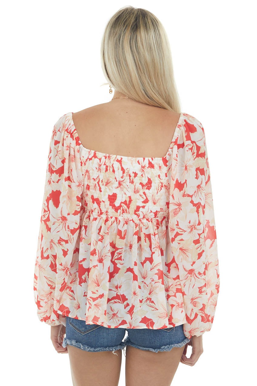Scarlet and Cream Floral Long Puff Sleeve Top