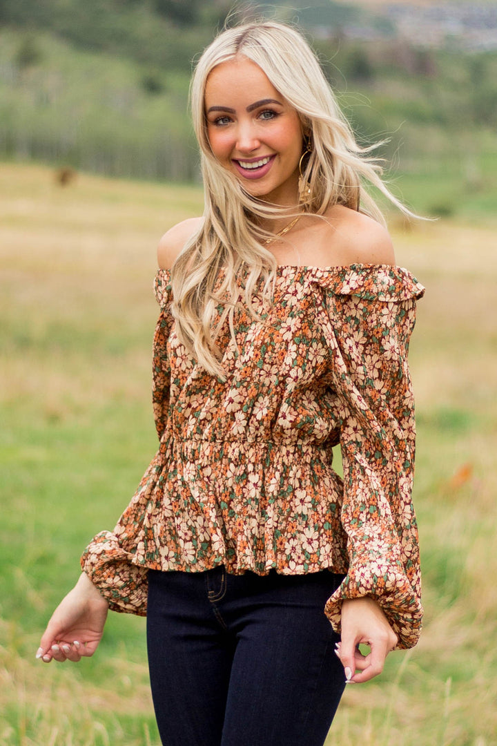 Sepia Floral Print Long Sleeve Pleated Blouse