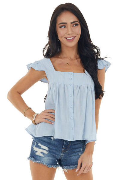 Sky Blue Textured Cap Sleeve Woven Top with Button Detail