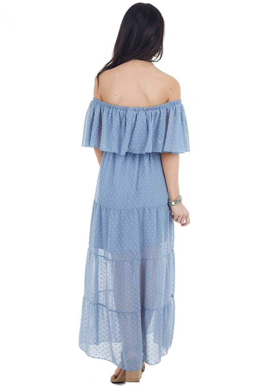 Slate Blue Swiss Dot Ruffled Off the Shoulder Maxi Dress | Lime Lush
