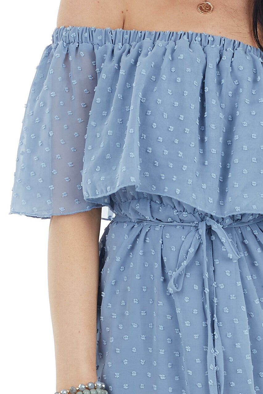 Slate Blue Swiss Dot Ruffled Off the Shoulder Maxi Dress