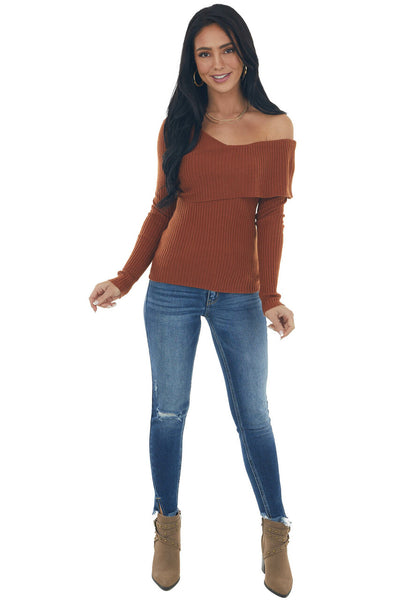 Spice Long Sleeve One Shoulder Ribbed Knit Top