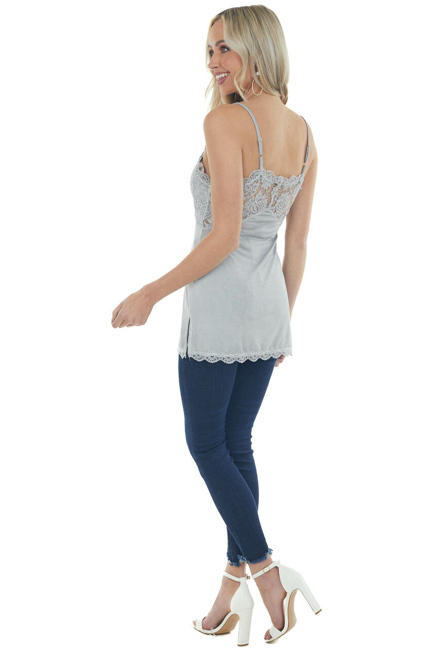 Steel Grey Sleeveless Cami Top with Floral Lace Bust and Hem 