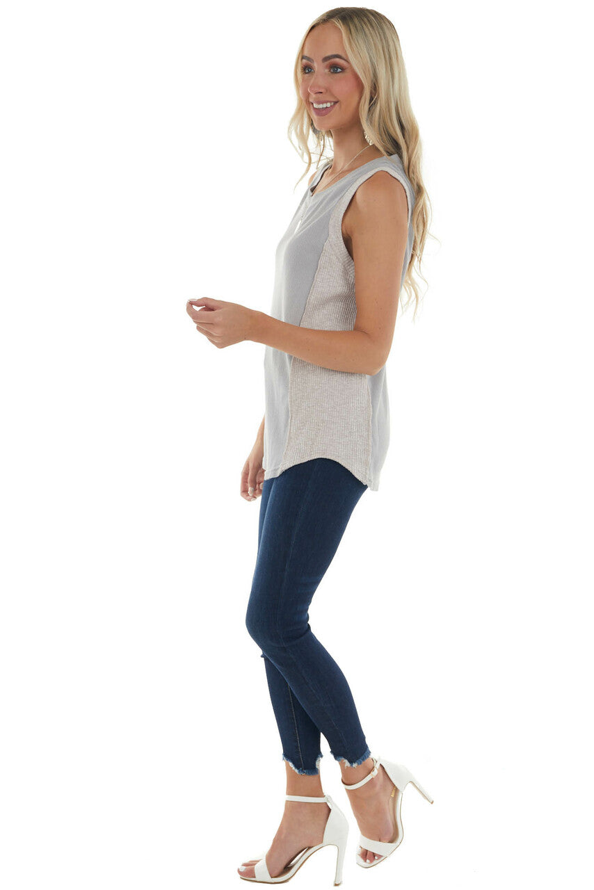 Steel Sleeveless Thermal Knit Top with Side Contrast Detail