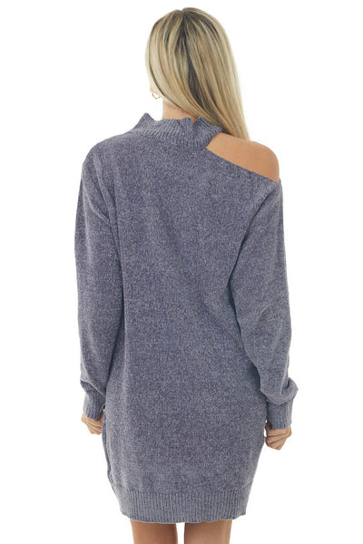 Stormy Grey Chenille Sweater Dress with Single Cold Shoulder