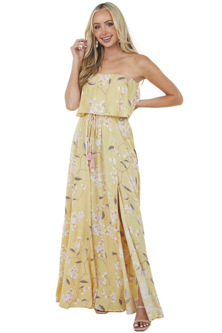 Straw Floral Sleeveless Side Slit Maxi Dress