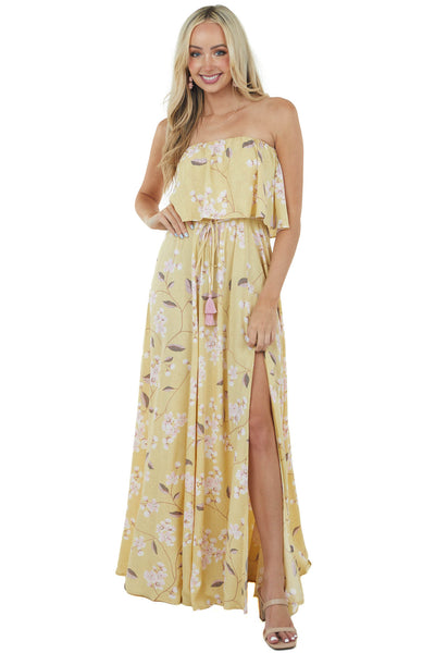 Straw Floral Sleeveless Side Slit Maxi Dress