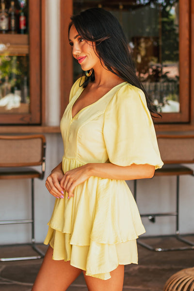 Sunshine Plunging V Neck Romper with Puff Sleeves