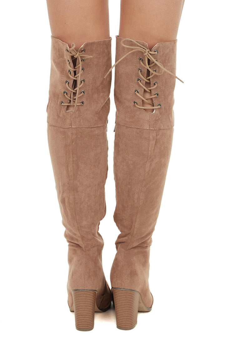 Taupe Over the Knee High Boots with Lace Up Back Detail