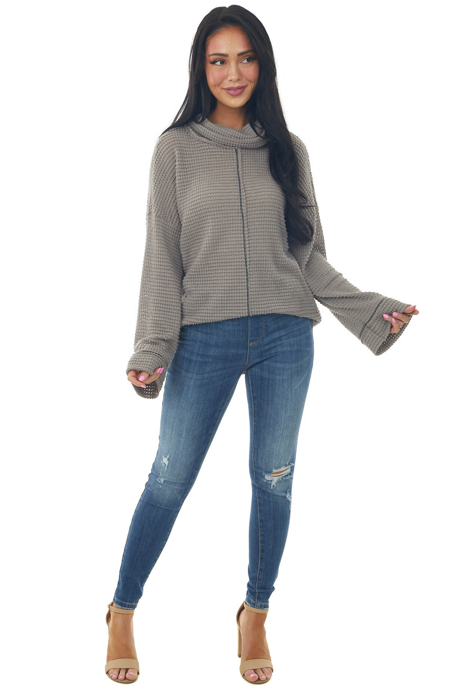 Taupe Waffle Knit Long Sleeve Top with Cowl Neckline