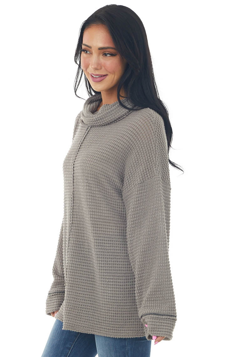 Taupe Waffle Knit Long Sleeve Top with Cowl Neckline