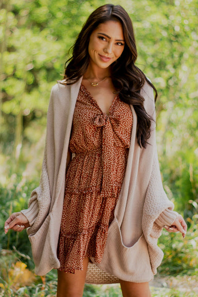 Tawny Leaf Print Tiered Cap Sleeve Frill Dress