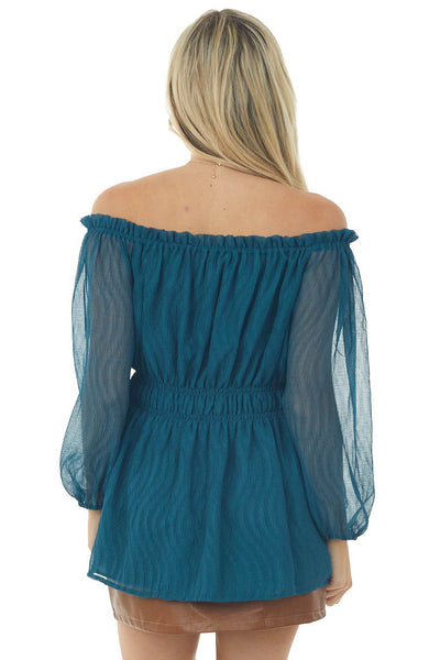 Teal Textured Off Shoulder Smocked Waist Top