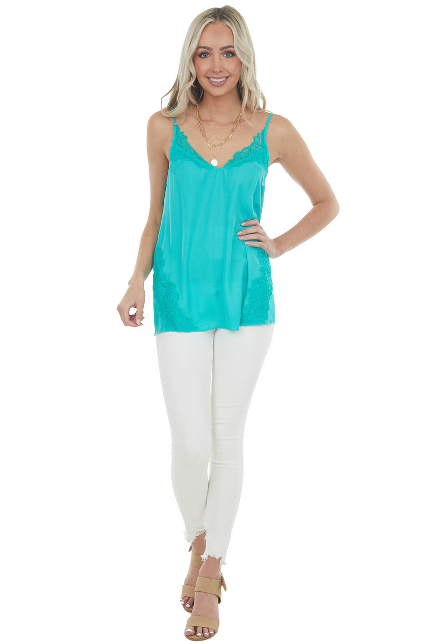 Teal V Neck Sleeveless Tank Top with Lace Details
