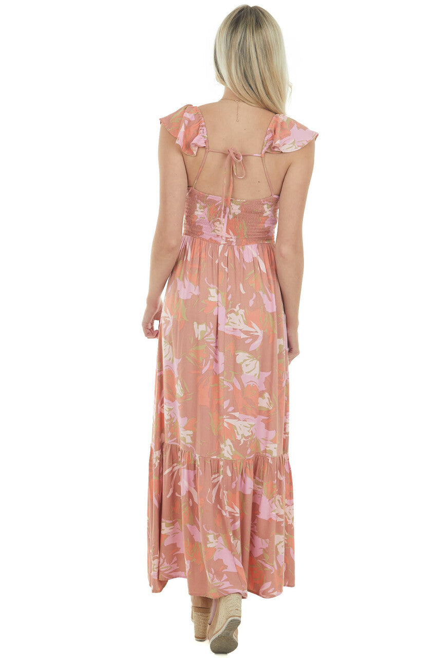 Terracotta Floral Open Back Smocked Maxi Dress