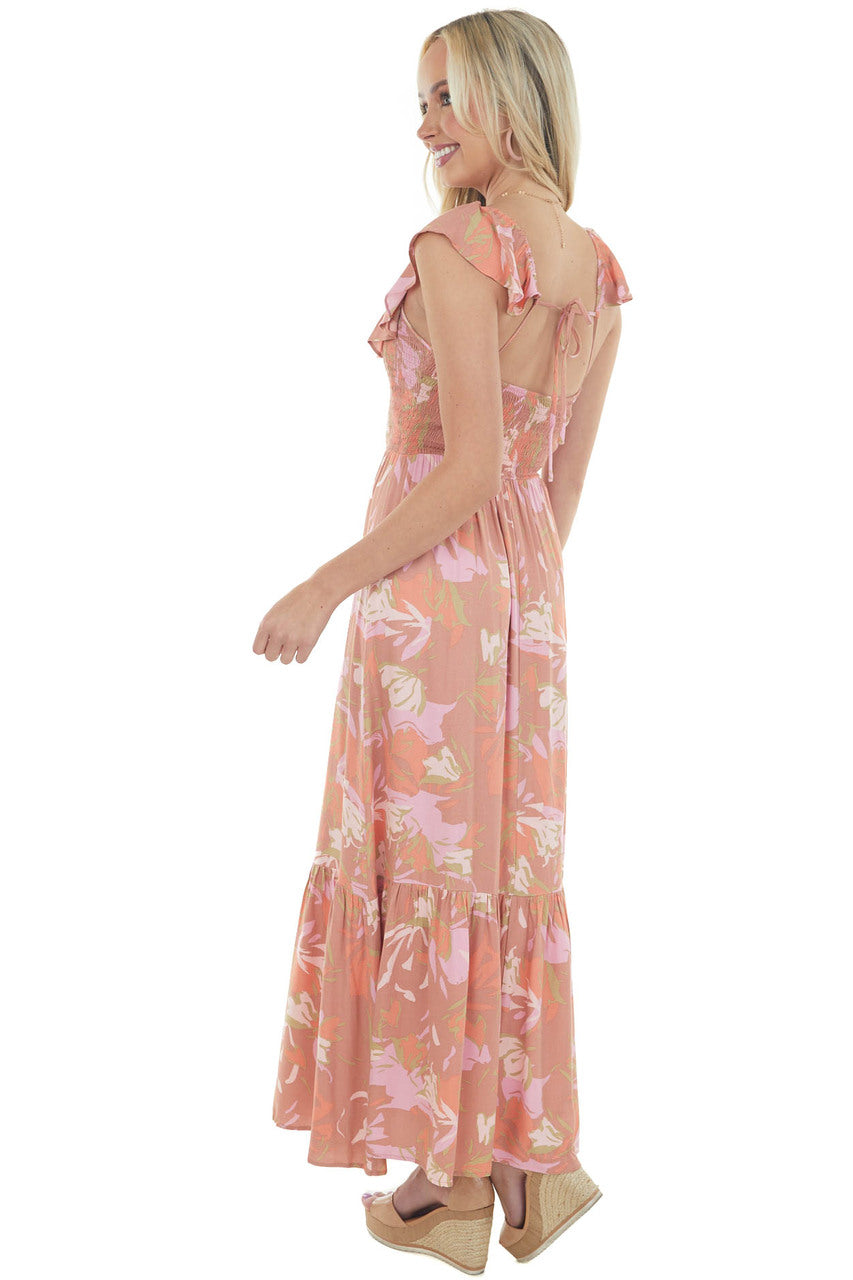Terracotta Floral Open Back Smocked Maxi Dress