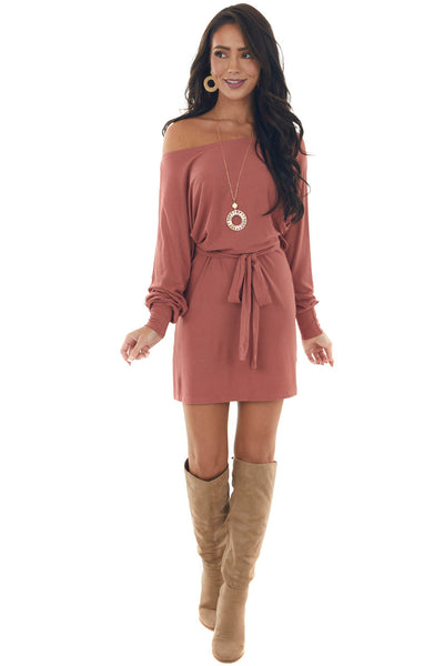 Terracotta Long Dolman Sleeve Boat Neck Dress
