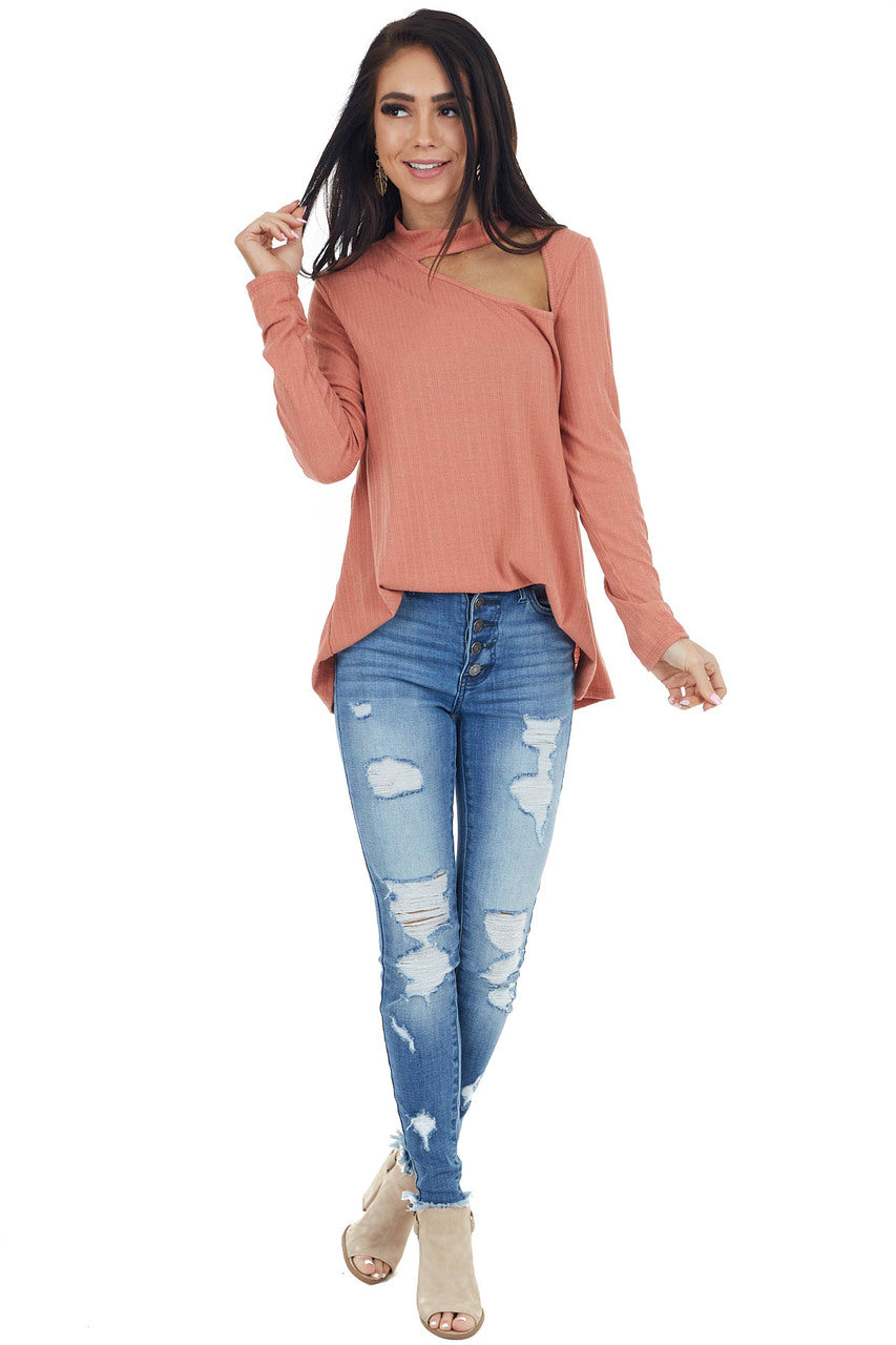 Terracotta Long Sleeve Stretchy Knit Top with Cut Out Detail