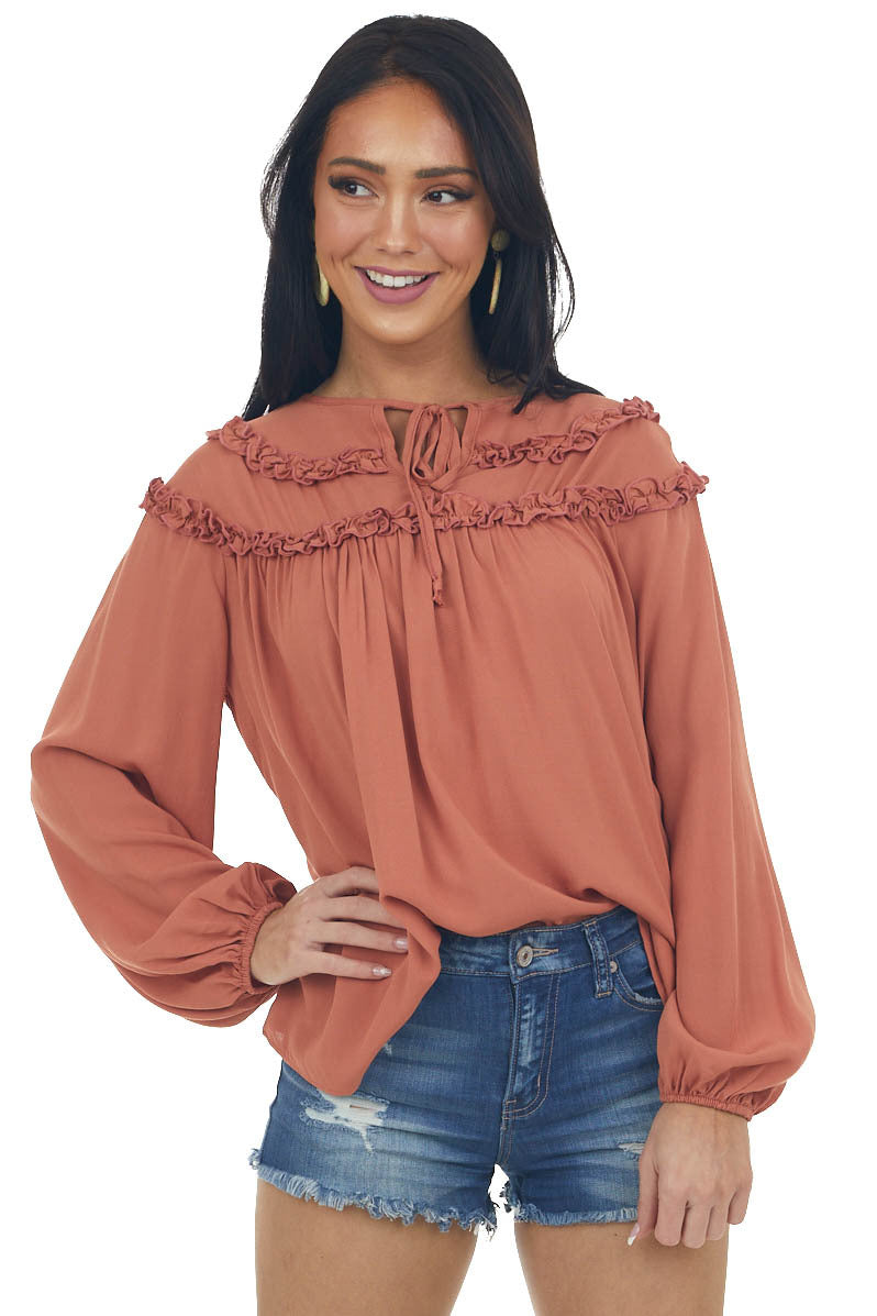 Terracotta Notch Neck Tie Tiered Frill Blouse