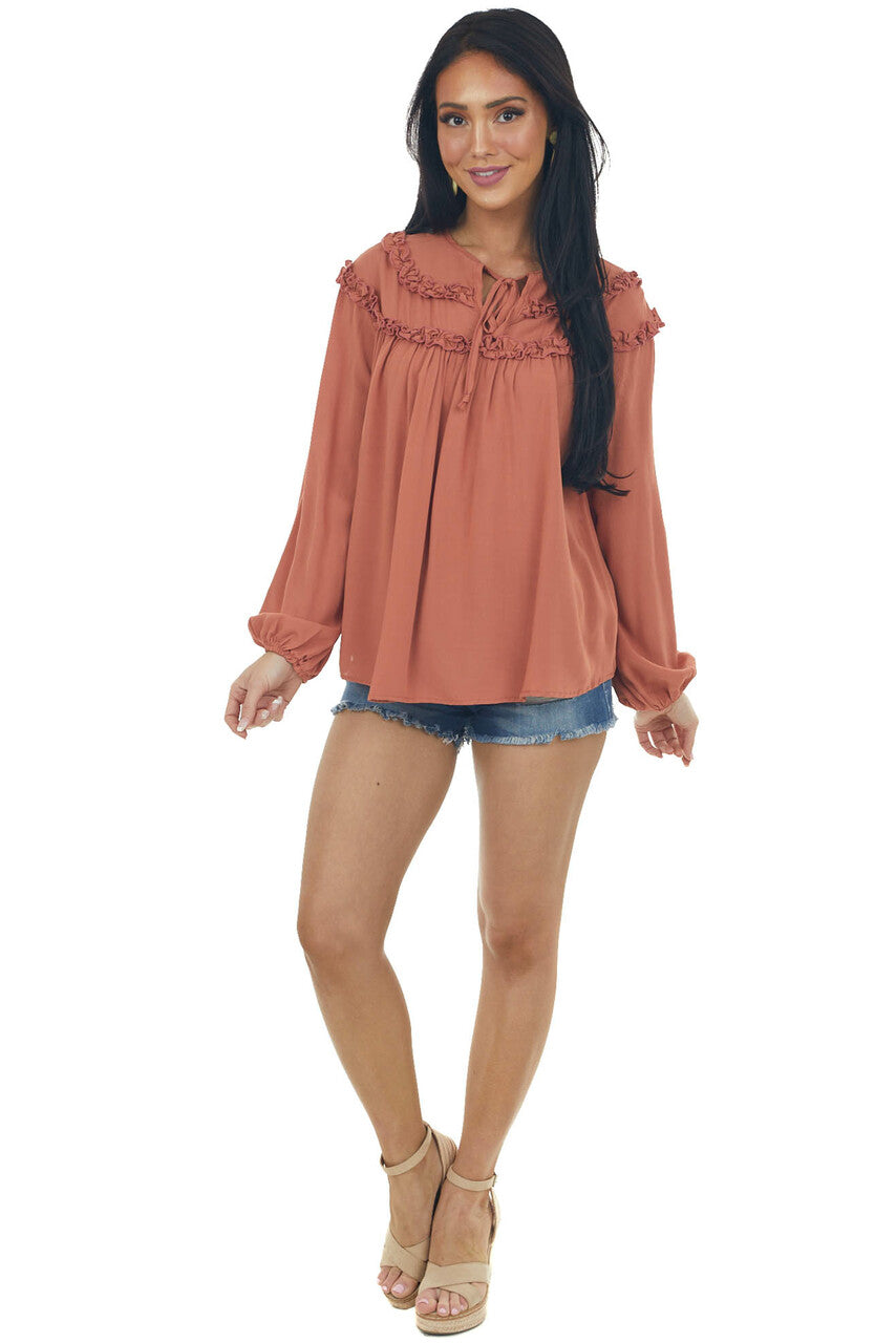 Terracotta Notch Neck Tie Tiered Frill Blouse