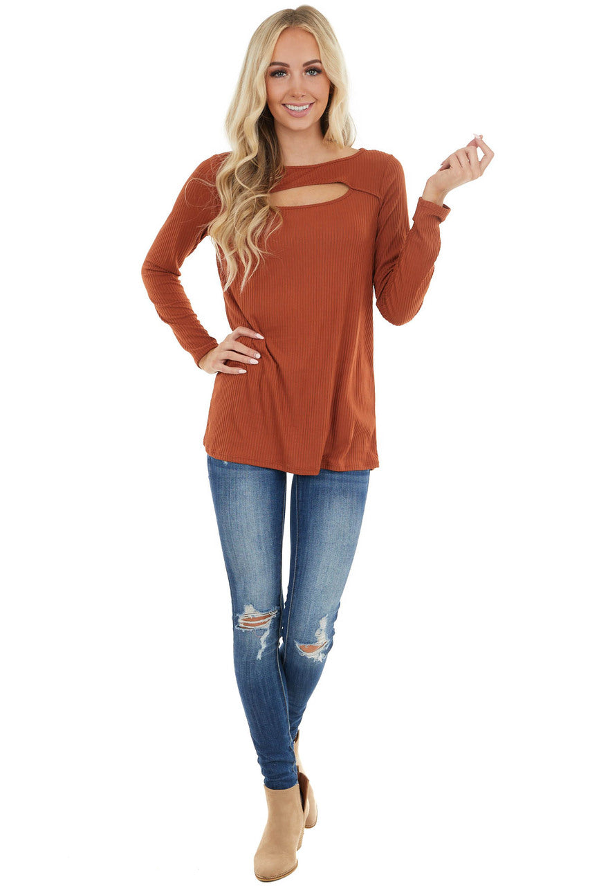 Terracotta Soft Ribbed Long Sleeve Top with Neckline Cutout