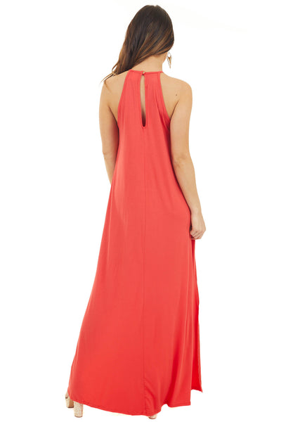 Tomato Red Spaghetti Strap Maxi Dress with Front Lace Detail