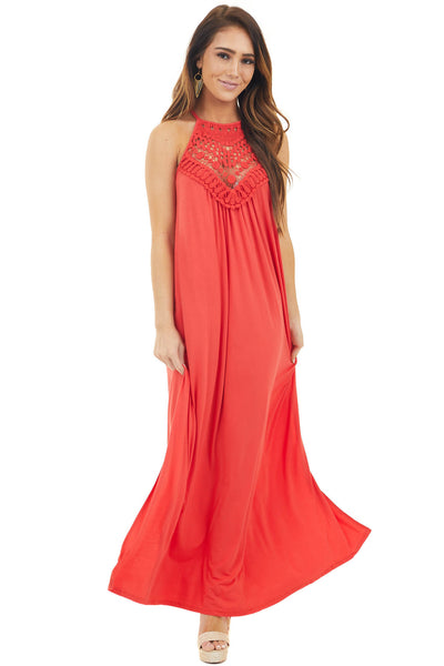 Tomato Red Spaghetti Strap Maxi Dress with Front Lace Detail