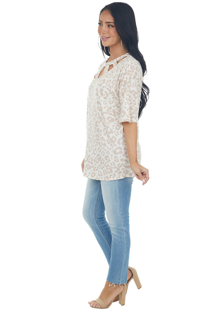 Vanilla Leopard Print Knit Tee with Cut Out Neckline Detail
