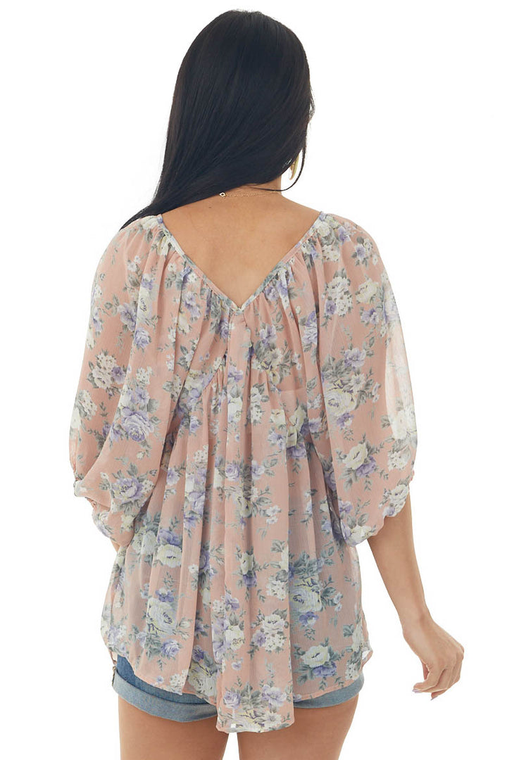 Vintage Blush Floral Print V Neck Babydoll Flowy Blouse