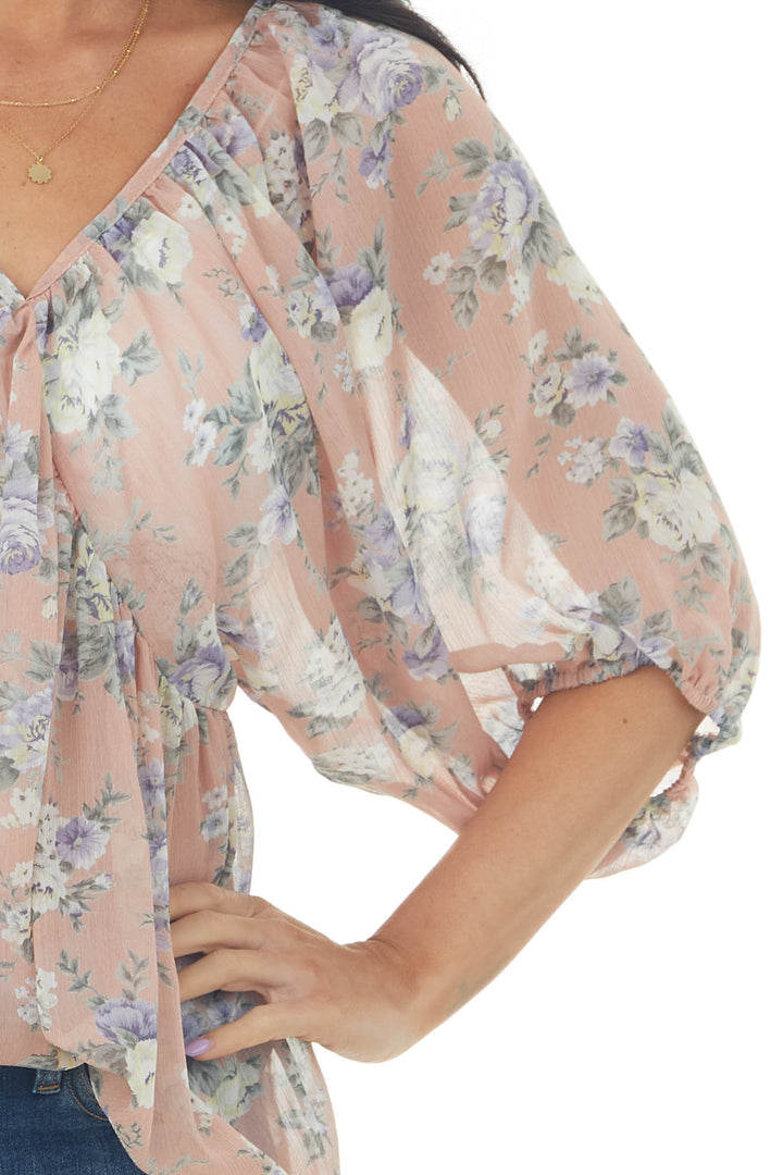 Vintage Blush Floral Print V Neck Babydoll Flowy Blouse