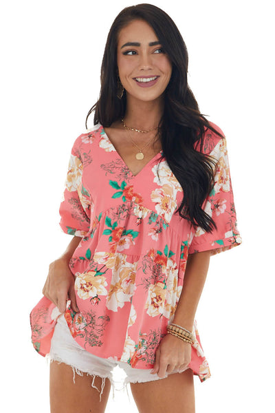 Watermelon Floral Print V Neck Babydoll Top