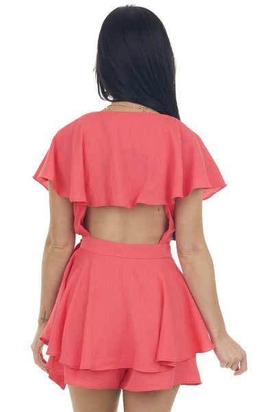 Watermelon Surplice Ruffle Open Back Romper