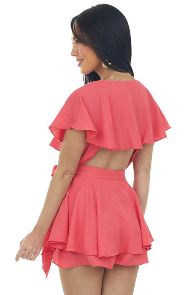 Watermelon Surplice Ruffle Open Back Romper